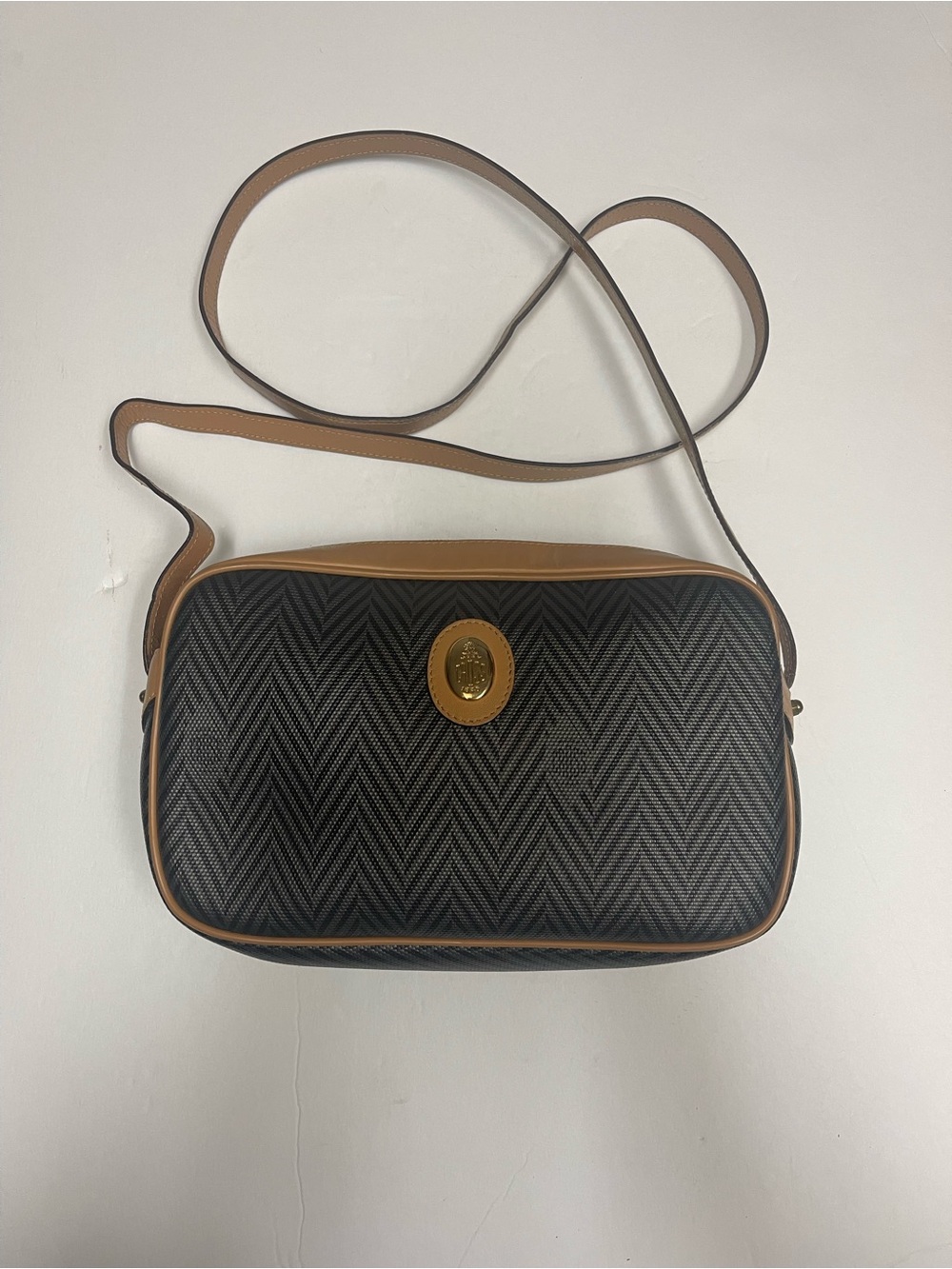 Mark Cross Black/Grey Chevron Crossbody Bag with Tan Trim
